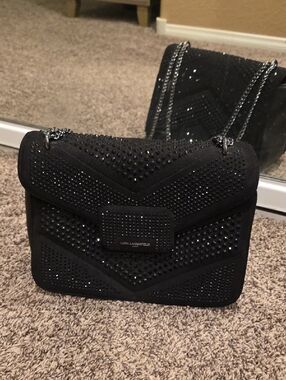 Karl Lagerfeld Black Crystal Chain-Shoulder Bag